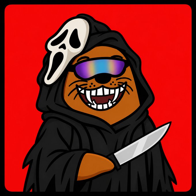 A cartoon illustration of an otter dressed as a horror movie character, wearing a black hooded robe with a white Ghostface mask and iridescent sunglasses, holding a large silver knife against a red background.