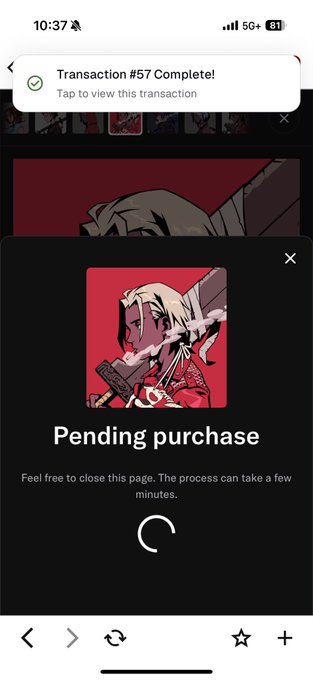A mobile phone screenshot showing a "Pending purchase" confirmation for an Azuki NFT with an illustration of a hooded anime-style character, and a notification at the top stating "Transaction #57 Complete!" The image relates to the post by showing the successful purchase of an Azuki NFT (referred to as the "4th OG" in the caption), which the poster is celebrating despite others "fading" or dismissing the project.