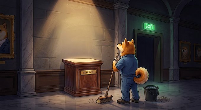 A whimsical digital illustration of an anthropomorphic Shiba Inu dog dressed as a janitor mopping the floor of a grand hallway, standing near a podium marked 'RESERVED' with an exit sign in the background.