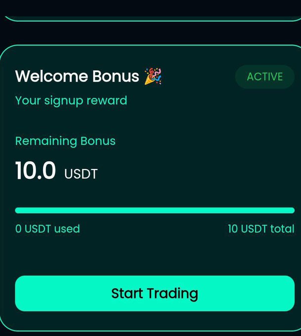 A user interface displays a 'Welcome Bonus' signup reward with '10.0 USDT' remaining out of '10 USDT total', marked as ACTIVE, with a 'Start Trading' button.