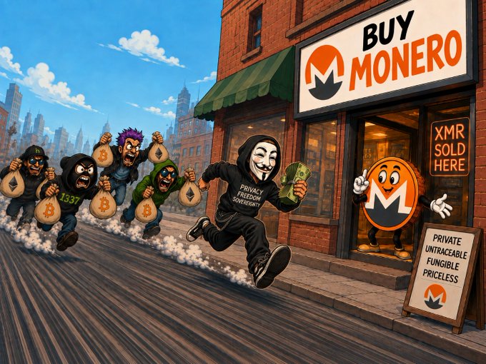 A cartoon illustration depicting a man wearing a 'PRIVACY FREEDOM GOVERNMENT' hoodie running from pursuers carrying bags of money toward a storefront that says 'BUY MONERO' and 'XMR SOLD HERE,' with a sandwich board reading 'PRIVATE UNTRACEABLE FUNGIBLE PRICELESS.'