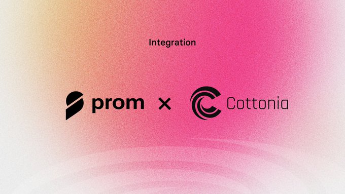 A promotional graphic showing a 'prom x Cottonia' integration logo on a pink and yellow gradient background.