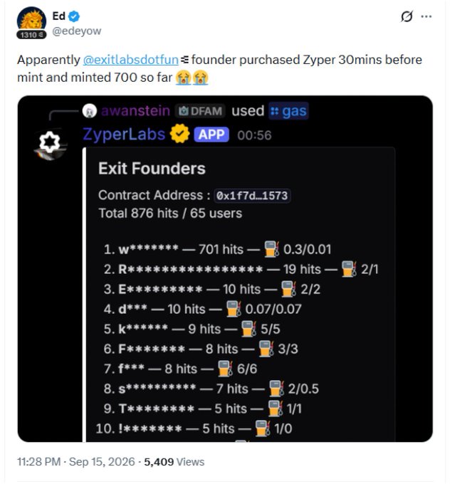 A user named Ed (@edeyow) posted a screenshot from ZyperLabs showing a "Exit Founders" leaderboard with a top user "w*****" having 701 hits, suggesting the founder purchased Zyper 30 minutes before mint and has minted 700 tokens so far.