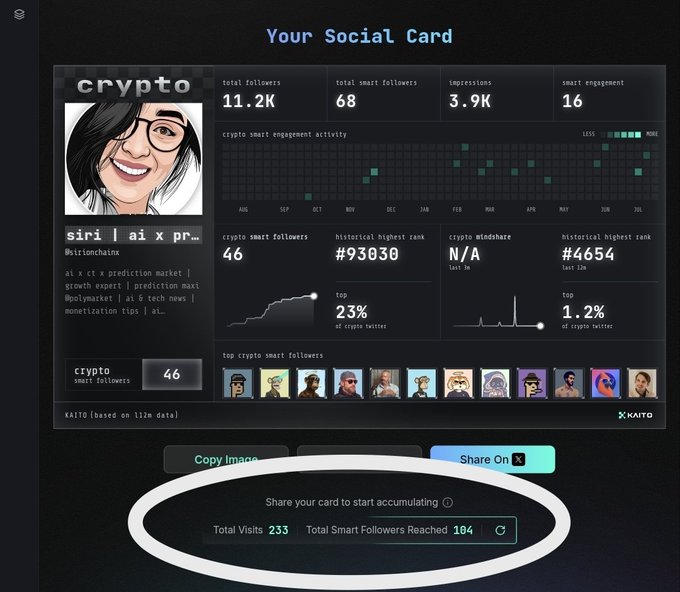 A digital 'Social Card' dashboard for a user named 'crypto' showing 11.2K total followers, 68 smart followers, 3.9K impressions, and 16 smart engagement, with a circled section highlighting 233 total visits and 104 smart followers reached.