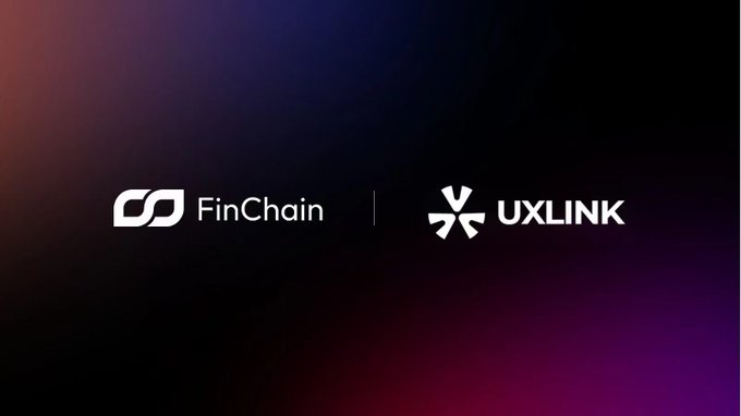 The image displays the logos of "FinChain" and "UXLINK" side by side against a dark gradient background, visually representing the partnership mentioned in the post celebrating their joint community airdrop campaign.