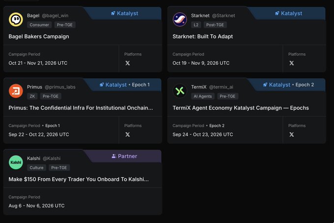 A campaign dashboard lists projects including Bagel, Starknet, Primus, TermiX, and Kalshi, with labels such as “Catalyst,” “Epoch 1,” “Epoch 2,” and “Partner.”