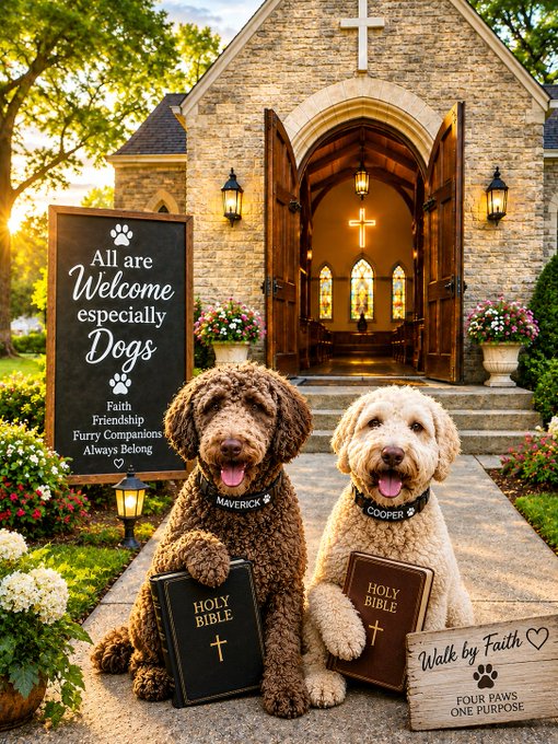 A heartwarming illustration of two curly-haired dogs, "MAVERICK" and "COOPER," holding Holy Bibles in front of a stone chapel, accompanied by signs reading "All are Welcome especially Dogs," "Walk by Faith," and "FOUR PAWS ONE PURPOSE."