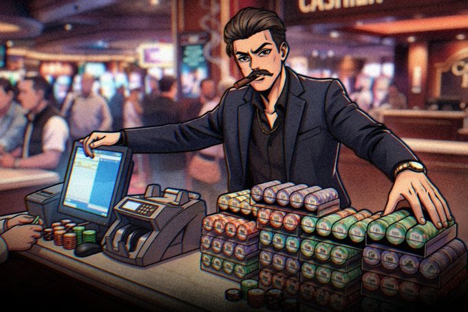 An illustrated image of a mustached man in a suit smoking a cigar behind a casino cashier counter piled high with stacks of cash chips.