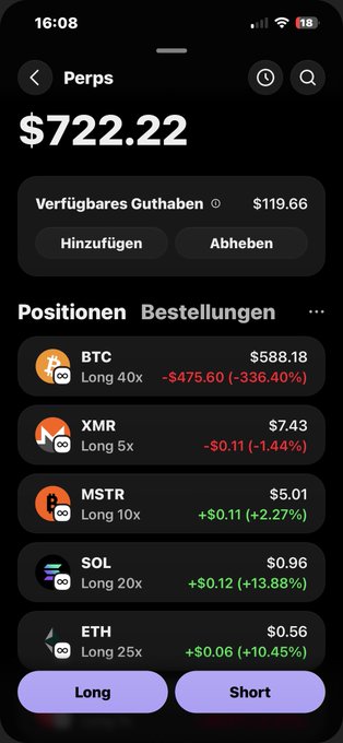 The image shows a cellphone screen displaying various stock market data, including Bitcoin, Etherum, ETH, long and short contracts for Litecoin, and Ripple, among others. The phones are located on either side of a green border, with their screens facing outward at viewer's perspective. The phone in the foreground is positioned at an angle to the left side of the screen, while the one further back sits more centrally. On the right side, there's a message that reads: "Forgot grab much more round  $btc And if I see 1% my others or red is a buy signal for me $eth ... sol $STRC $XMR we sold -1k is Reed +5k Yesterday cause monero now test first ...". This image might be related to the post, as it's an illustration of stock market data on a cellphone screen.