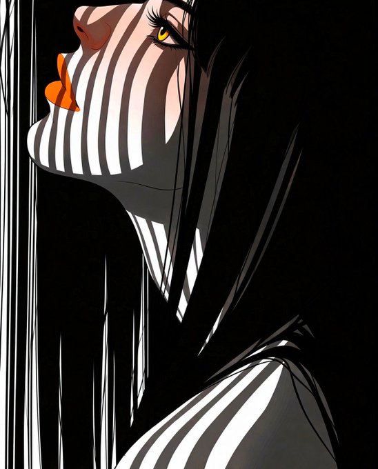 A stylized anime illustration shows a woman with dark hair looking upward, her face and body illuminated by vertical stripes of light against a black background.