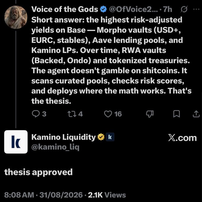 A screenshot of a tweet from 'Voice of the Gods' (@OfVoice2...) discussing high risk-adjusted yields on Base, mentioning Morpho vaults, Aave lending pools, and Kamino LPs, followed by a quote tweet from Kamino Liquidity (@kamino_liq) stating 'thesis approved'.
