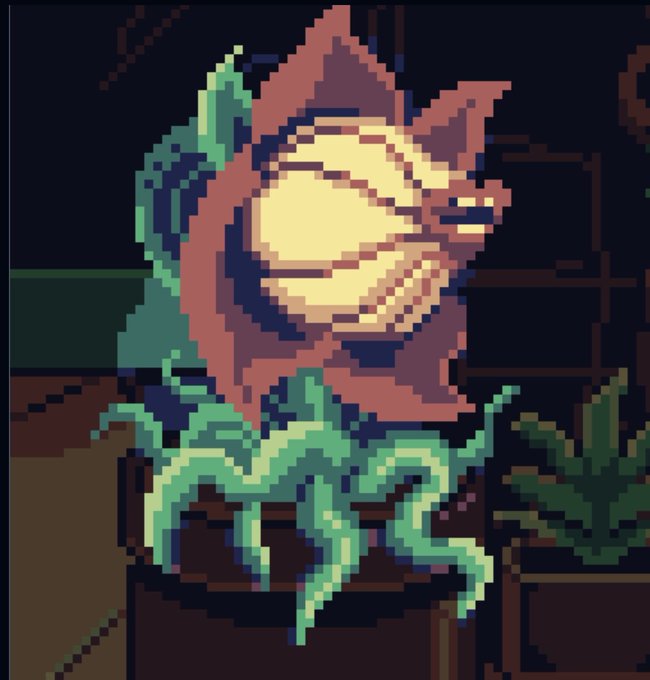 Pixel art illustration of a potted plant with a glowing yellow orb nestled among pink, flower-like structures and green vines against a dark background.