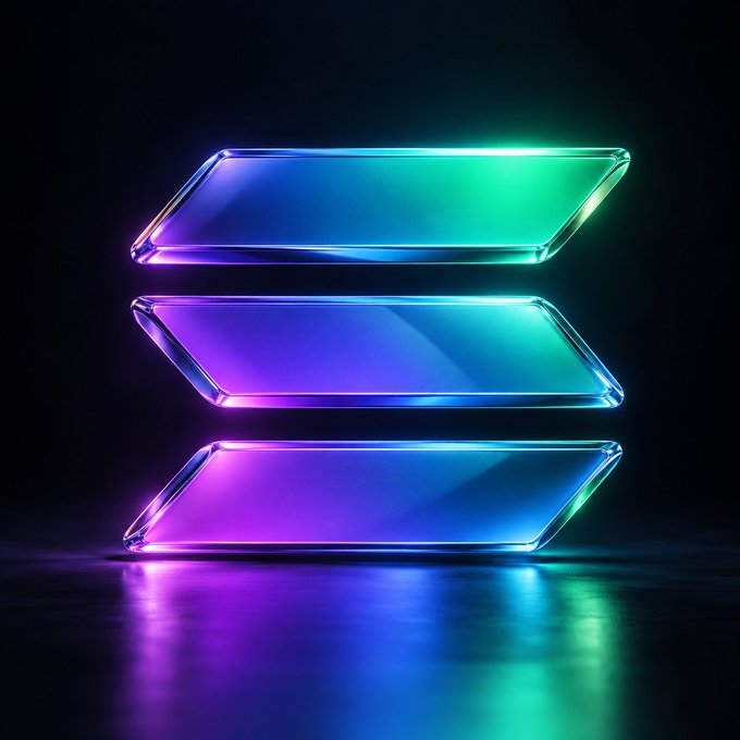 Three glowing, parallelogram-shaped glass plates with neon blue, green, and purple edges reflecting light on a dark surface.