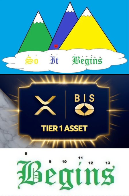 The image is a three-panel composition tied to the accompanying post "So it begins SIB♾️BIS🚀." The top panel features a colorful mountain illustration against a blue sky with a cloud displaying the phrase "So It Begins" in Gothic-style lettering. The middle panel shows a glowing golden badge labeled "TIER 1 ASSET" featuring the XRP (Ripple) logo alongside the ticker "BIS," visually framing BIS as a top-tier cryptocurrency. The bottom panel highlights the word "Begins" in ornate green Gothic script with sequential numbers (8, 9, 10, 11, 12, 13) across its top edges, reinforcing the message of a new launch or starting phase. Together, the panels visually promote BIS—branded as a "Tier 1 Asset" and linked to XRP—as the official kickoff of a new project or token launch.