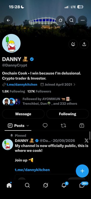 A Twitter/X profile screenshot shows user 'DANNY' (@DannyCrypt) with the bio 'Onchain Cook - I win because I'm delusional. Crypto trader & investor.', followed by 1.8K accounts with 137K followers.