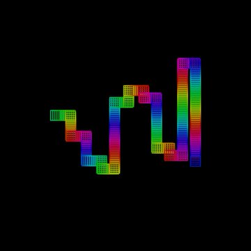 A stylized, rainbow-colored graphic of a stock market chart showing an upward trending line against a black background.