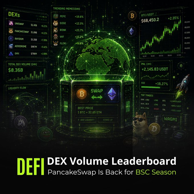 A DeFi DEX Volume Leaderboard graphic showing PancakeSwap leading with $8.36B 24H volume, featuring trending memecoins (PEPE, DOGE, BONK, WIF, FLOKI), BTC/USDT at $68,450.20, and the headline 'PancakeSwap Is Back for BSC Season.'