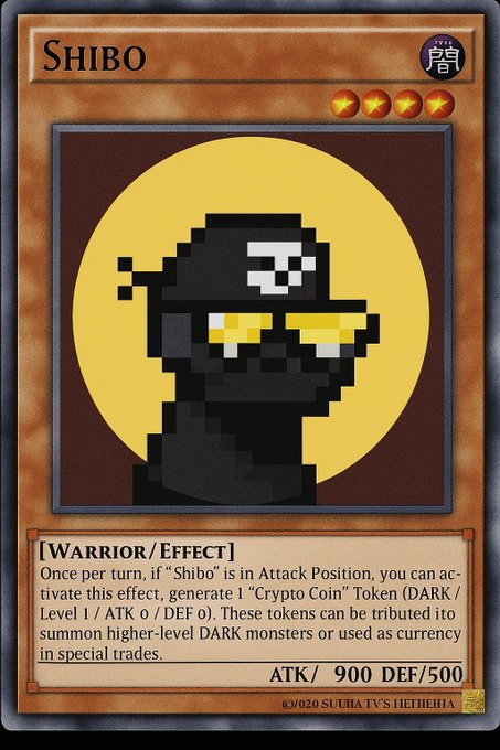A Yu-Gi-Oh! style trading card named "SHIBO" featuring a pixel-art black ninja character against a yellow moon, with the effect: "Once per turn, if 'Shibo' is in Attack Position, you can activate this effect, generate 1 'Crypto Coin' Token (DARK / Level 1 / ATK 0 / DEF 0). These tokens can be tributed to summon higher-level DARK monsters or used as currency in special trades." with ATK/ 900 DEF/500.
