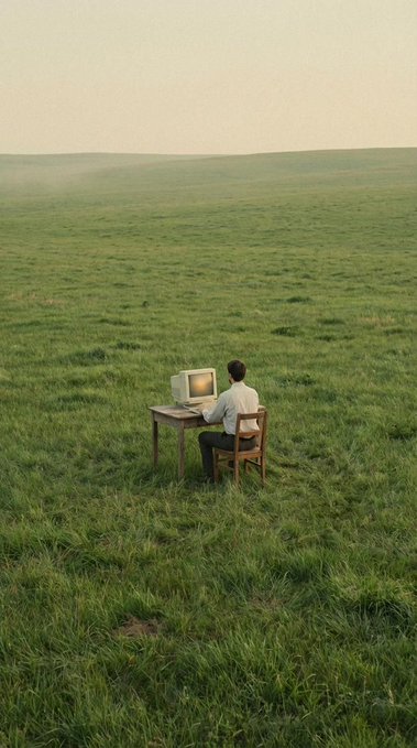 A surreal artwork depicting a man in a shirt and tie working at an old desktop computer placed on a small wooden desk in the middle of a vast green grassy field.