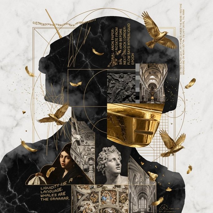 A dark, surreal collage features a hooded figure in shadow surrounded by golden birds, classical statues, ornate cathedral architecture, and text fragments including "LIQUIDITY IS A LANGUAGE," "WHALES ARE THE GRAMMAR," and what appears to be ASCII/code reading "OWOTRCREDCPEAC78BWHSEYEPF7#BEC@TBEHE."

The image's themes of art, classical beauty, and cryptic symbols fit well with the post's call to NFT communities, visually echoing the signal-like quality of "GM @R3ORDR is the signal" through its mystical, coded aesthetic.