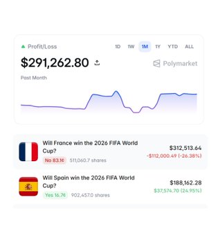 A Polymarket profit/loss dashboard showing a total of $291,262.80 in the '1M' tab, with positions on 'Will France win the 2026 FIFA World Cup?' (No 83%) at -$112,000.49 and 'Will Spain win the 2026 FIFA World Cup?' (Yes 16.7%) at +$37,574.70.