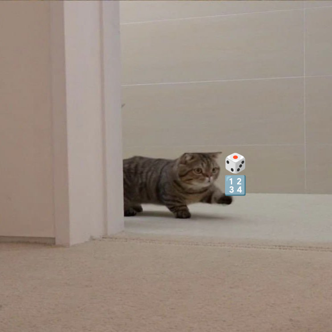 A tabby cat walking out from behind a wall, overlaid with a digital die showing '1 2 / 3 4' beside it.