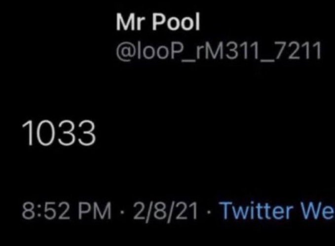 A screenshot of a tweet from "Mr Pool" (@looP_rM311_7211) posted at 8:52 PM on 2/8/21 displays only the number "1033," with no other text visible. This minimal post corresponds to the lunar eclipse reference, marking the 10:33 PM start time of the eclipse as a seemingly cryptic signal for XRP.