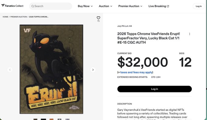A Fanatics Collect auction page displaying a 2026 Topps Chrome VeeFriends Erupt! SuperFactor Very Lucky Black Cat 1/1 #E-15 CGC AUTH card, with a current bid of $32,000 from 12 bids and 7 days 15 hours remaining. The visual showcases the card's artwork featuring a stylized black cat design, contextualizing the social media post noting the auction price is $68,000+ below prior bounty offers.