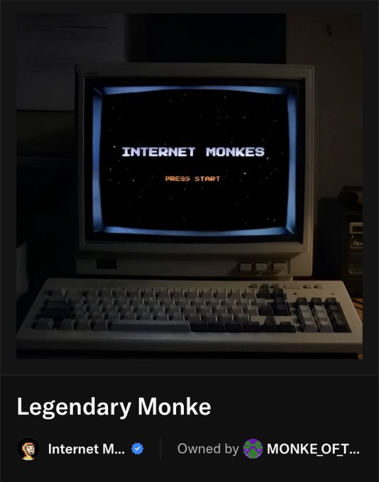The image shows an NFT listing titled "Legendary Monke" displayed on a retro CRT monitor with the text "INTERNET MONKES - PRESS START" on screen, owned by "MONKE_OFT..." under the "Internet M..." collection with a verified checkmark. This visual celebrates the acquisition of another Legendary Monke NFT, matching the post's excitement about collecting the rare digital asset for 1.22 ETH during "MONKE SZN."