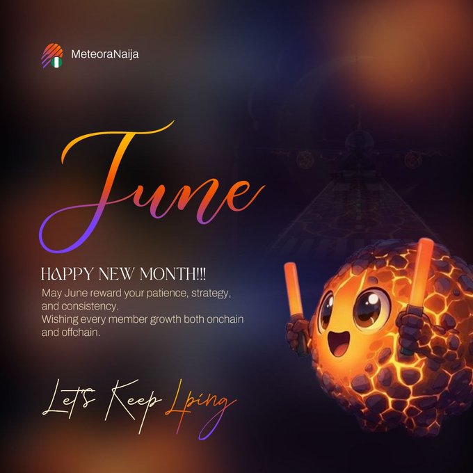The image features a cartoon character that looks like a ball of fire with a face and arms. The text "June" is written above the character's head, and the word "June" appears multiple times throughout the image. The background of the image has a dark purple hue, which contrasts with the bright orange color of the character. The caption below the image reads: "June 2026 is here with fresh opportunities to print more fees and LP consistently on @MeteoraAG Let's go bigger on positions, maximize fees, and strengthen our community this month."