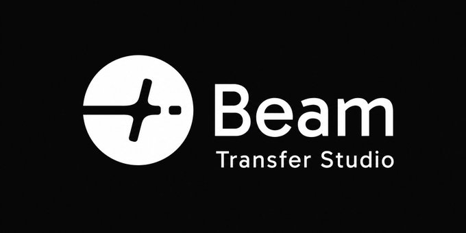 A minimalist black and white logo for 'Beam Transfer Studio' featuring a circular icon with a four-pointed star design.