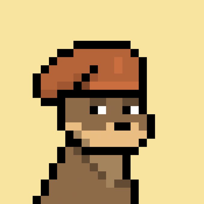 A pixel-art character sprite showing a figure with a red beanie, brown skin, and tan clothing against a pale yellow background.