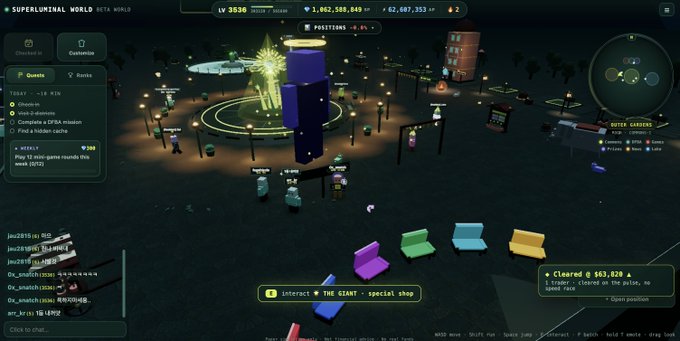 A screenshot from a 'SUPERLUMINAL WORLD' video game showing a colorful lobby area with a central fountain, player names listed on the left, level 'LV 3530' at the top, and 'THE GIANT' special shop interaction prompt at the bottom.