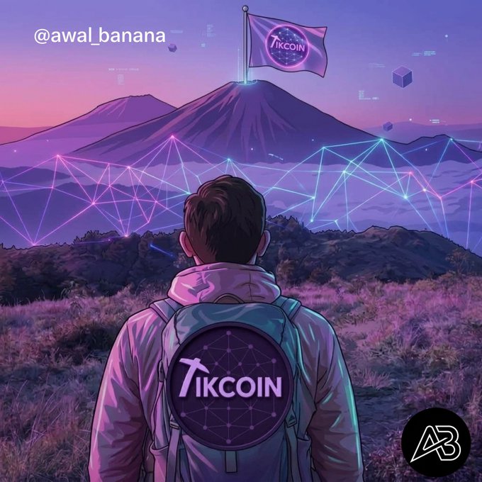An illustration by @awal_banana featuring a person wearing a 'Tikcoin' branded backpack looking toward a mountain with a Tikcoin flag on top, set against a purple/pink sky with glowing geometric network patterns.