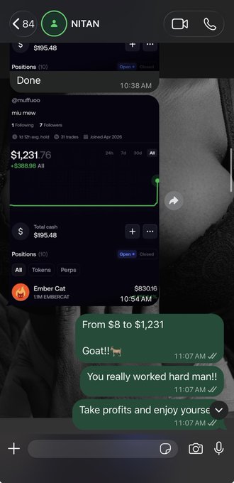 A WhatsApp chat between "Nitan" and a contact shows screenshots of a trading account that grew from $8 to $1,231.76, with congratulatory messages like "From $8 to $1,231" and "You really worked hard man!!" celebrating the impressive gains, aligning with the post celebrating a journey from $8 to $2k.