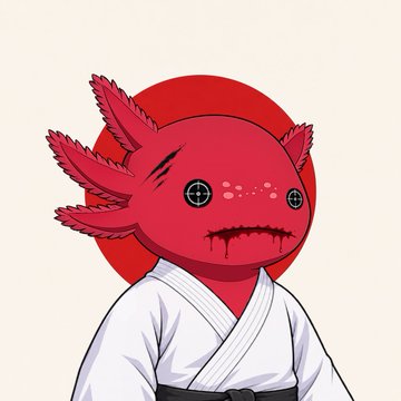 An illustration depicts a red axolotl with button eyes wearing a white martial arts gi, set against a red circle and beige background.