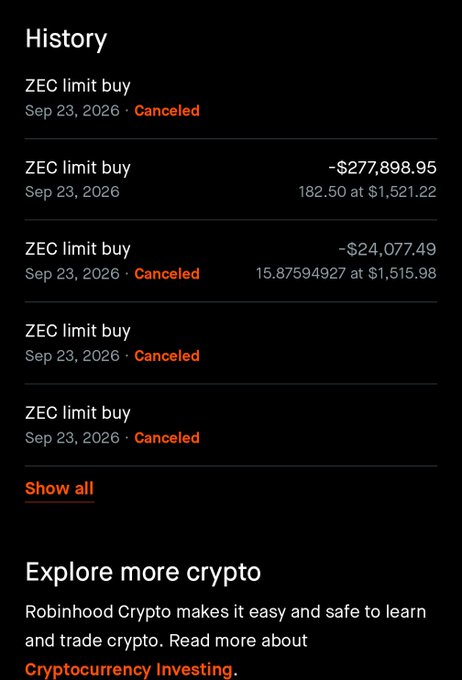 A Robinhood Crypto transaction history shows multiple canceled 'ZEC limit buy' orders on Sep 23, 2026, with one filled order totaling -$277,898.95 for 182.50 ZEC at $1,521.22.