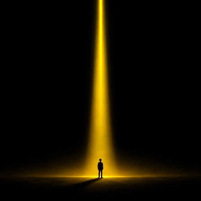 A solitary silhouette stands bathed in a towering beam of golden light against a pitch-black background, casting a long shadow. The dramatic scene evokes the quiet companionship of staying up late, as if the lone figure has stepped into the spotlight of the night itself.