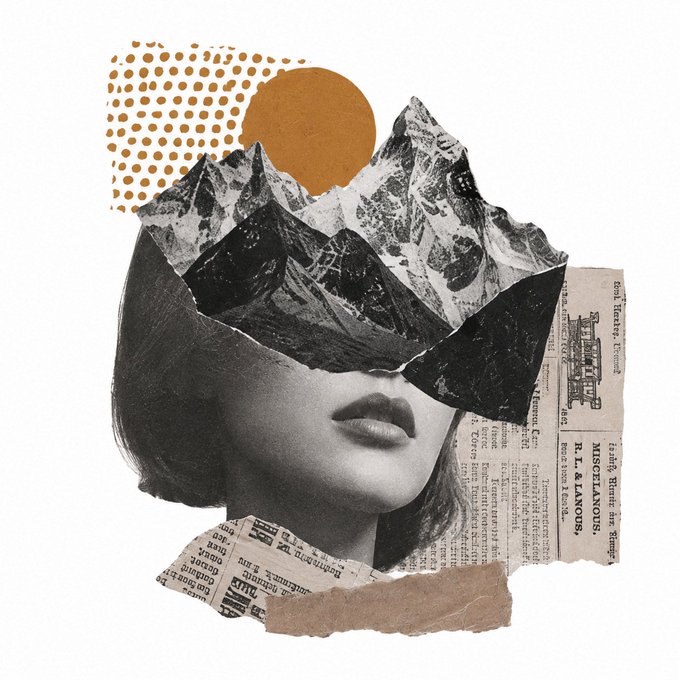 A surreal collage features a black-and-white portrait of a woman whose eyes are covered by a torn paper image of mountains, accented with geometric orange shapes and newspaper clippings.