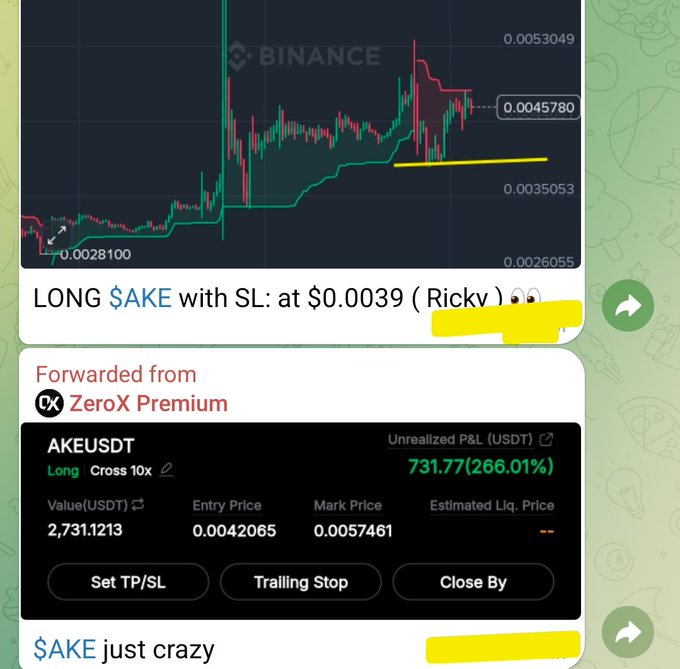 A Binance trading chart for AKEUSDT showing a long position with 266.01% unrealized P&L, captioned 'LONG $AKE with SL: at $0.0039' and '$AKE just crazy'.