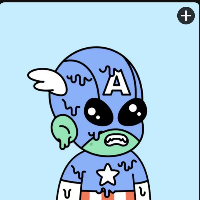 A cartoon illustration of a zombie-like Captain America character with a melting blue helmet, dripping green skin, and a white star on a blue shirt against a light blue background.