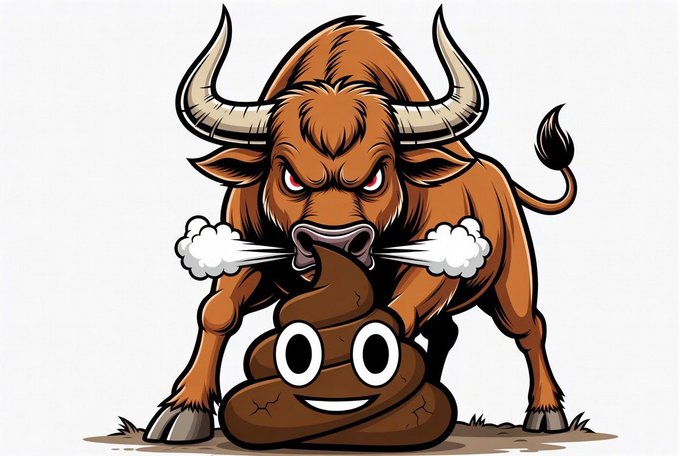 A fierce cartoon bull with steam blasting from its nostrils stands aggressively over a smiling pile of poop, perfectly capturing the bullish hype around the $BULLSHITTT memecoin.