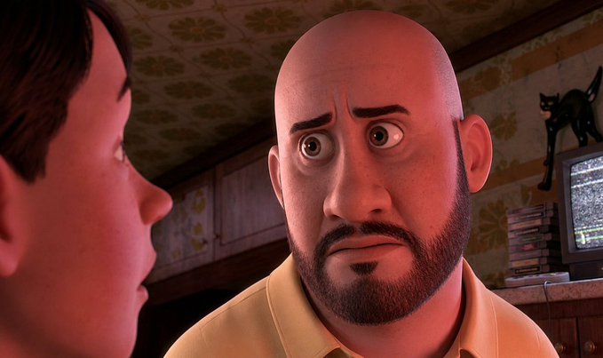 A close-up of a bald, bearded animated character looking surprised or concerned, facing another character in what appears to be a Pixar-style 3D animation.