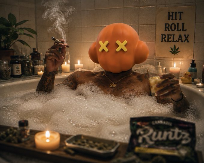 A tattooed figure relaxes in a bubble bath wearing a pumpkin-headed mask with X-shaped eyes, smoking a joint and holding a drink, surrounded by candles, jars, and a bag of "Runtz" cannabis beside a "HIT ROLL RELAX" sign—capturing the laid-back, chill vibe that matches the post's celebratory tone about minting and dropping heat to the crew.