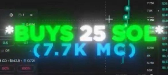A graphic with bright green and blue text reading '*BUYS 25 SOL* (7.7K MC)' overlaid on a dark background showing a financial trading chart with candlestick patterns and price levels.