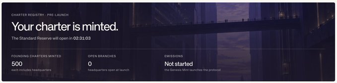 A webpage screenshot from the Charter Registry showing "Your charter is minted" with a countdown timer of 02:31:03, noting 500 founding charters minted and emissions not started.