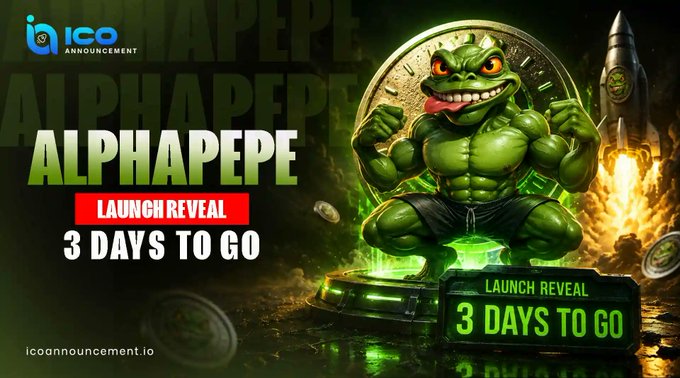 A promotional graphic from icoannouncement.io features a muscular cartoon frog character flexing in front of a giant coin with a rocket launching behind it, advertising the "ALPHAPEPE Launch Reveal" with "3 DAYS TO GO" countdown text displayed prominently in green.