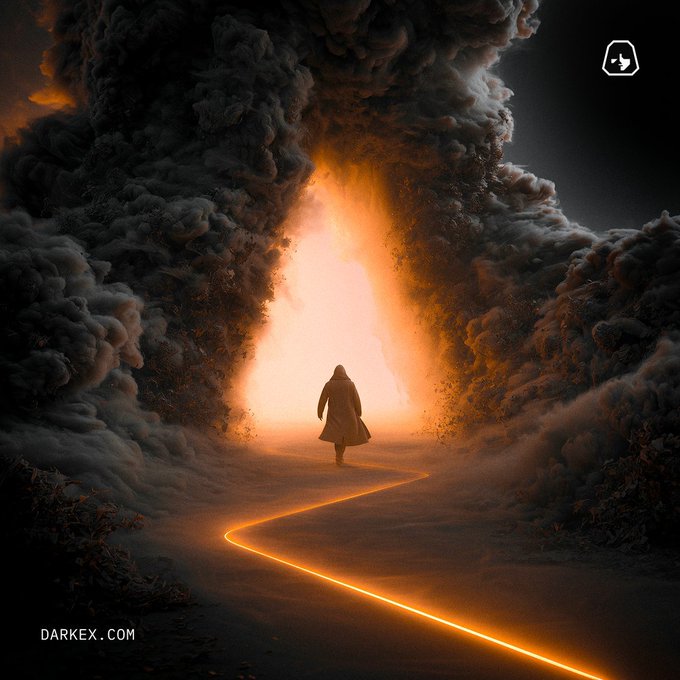 A lone hooded figure walks toward a fiery, smoke-shrouded abyss along a glowing orange path, with "DARKEX.COM" visible in the bottom-left corner and a small logo in the top-right—visually echoing the post's message about navigating volatile, ever-shifting environments with steady, purposeful intent.