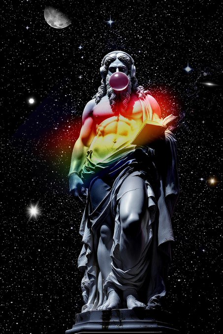Surreal cosmic artwork of a classical Greek-style marble statue with a rainbow-colored body, blowing a pink bubblegum bubble, set against a starry night sky with a crescent moon.