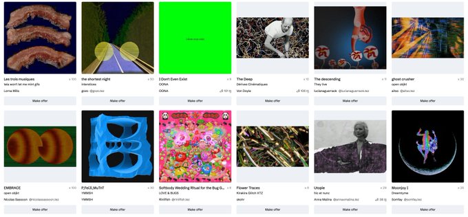 A grid of NFT artworks displayed for sale, featuring various pieces with titles like 'Las linda muchachas', 'the shortest night', 'I Don't Even Exist', 'The Deep', 'The descending', and 'ghost crasher', along with artist names and 'Make offer' buttons.